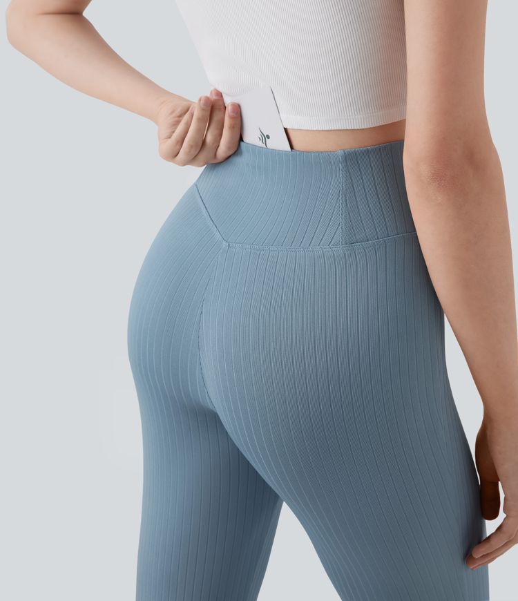 Ribbed Knit Crossover High Waisted Casual Flared Trousers with Back Pocket