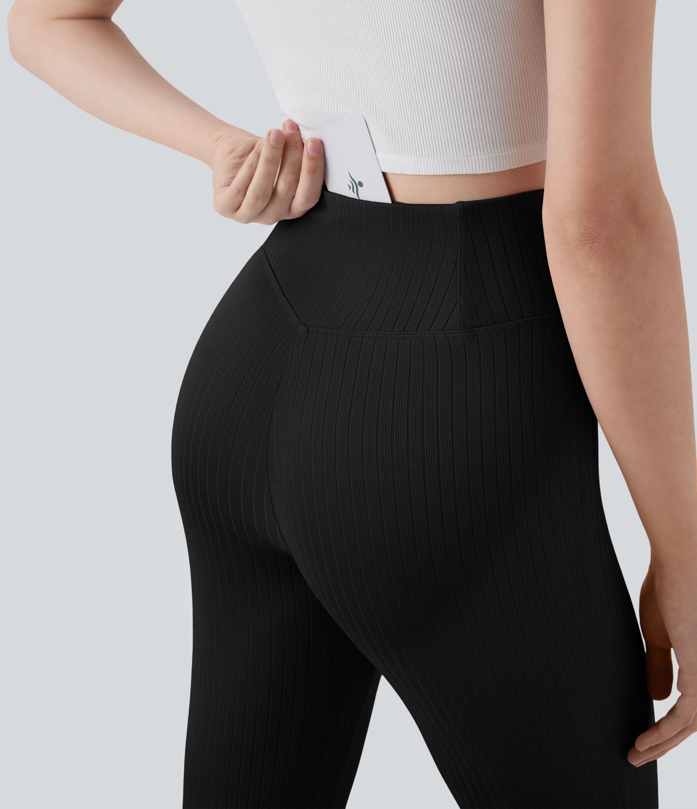 Ribbed Knit Crossover High Waisted Casual Flare Pants with Pocket