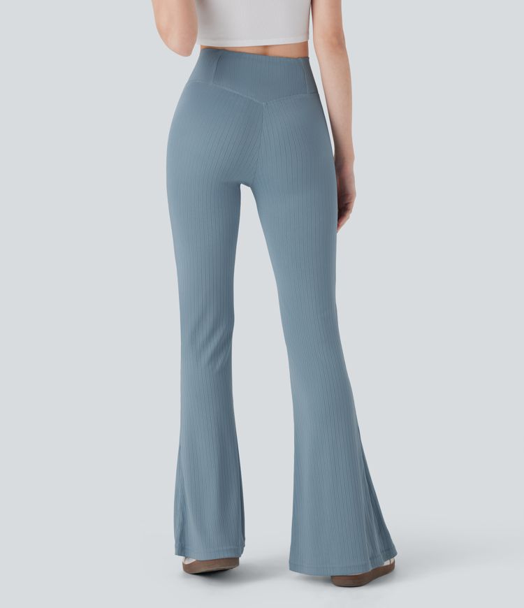 Ribbed Knit Crossover High Waisted Casual Flared Trousers with Back Pocket