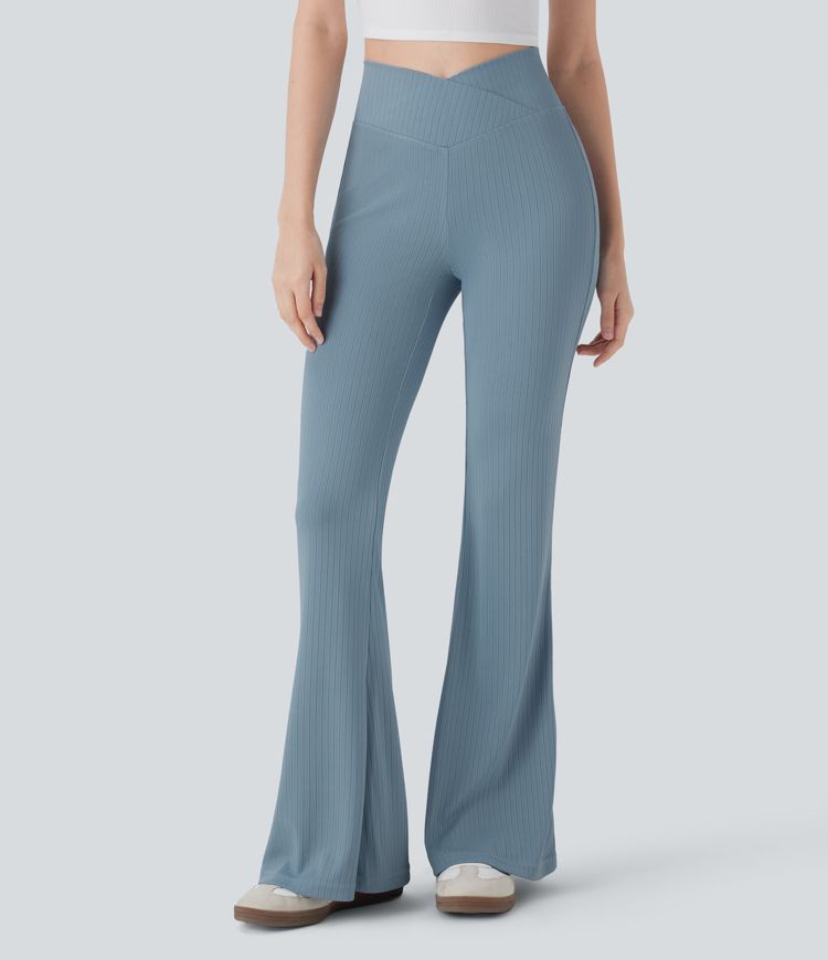 Ribbed Knit Crossover High Waisted Casual Flare Pants with Pocket