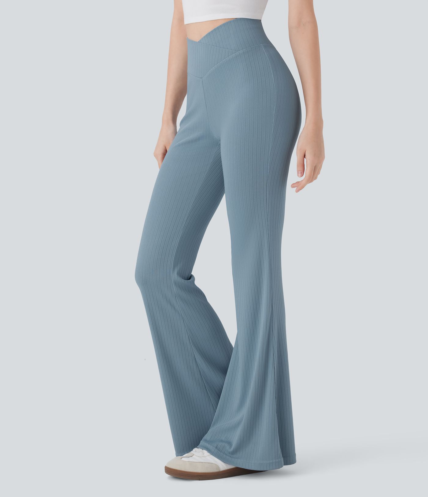 Ribbed Knit Crossover High Waisted Casual Flared Trousers with Back Pocket