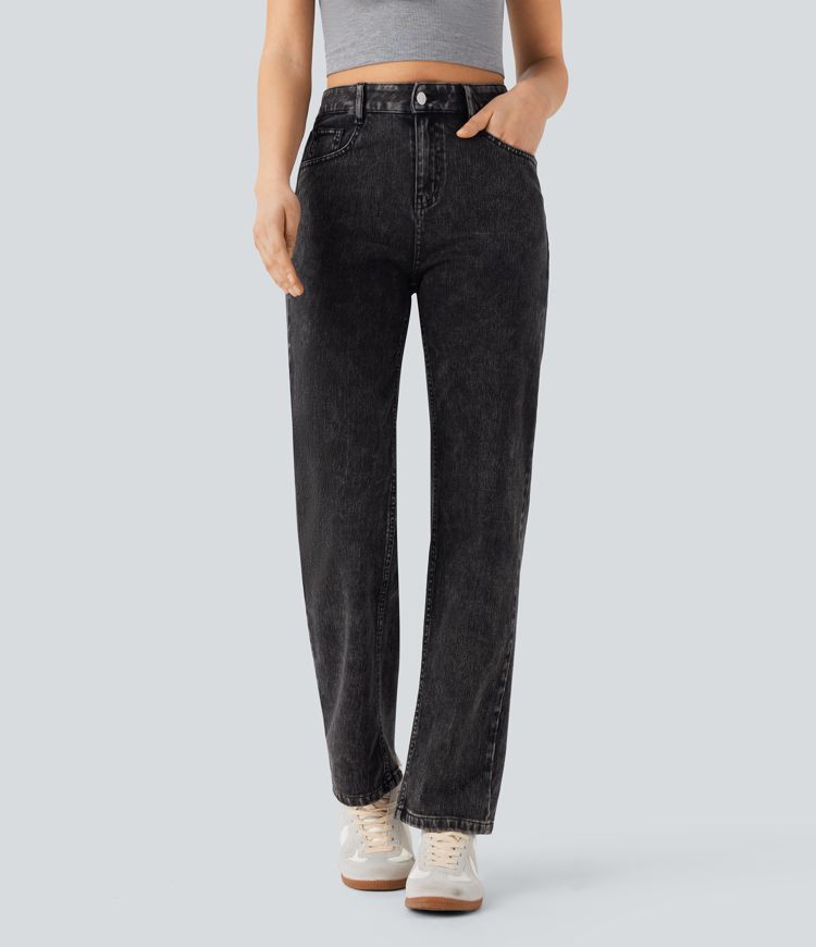 Halara Flex™ High Waisted Button Zipper Multiple Pockets Straight Leg Stretchy Knit Casual Jeans