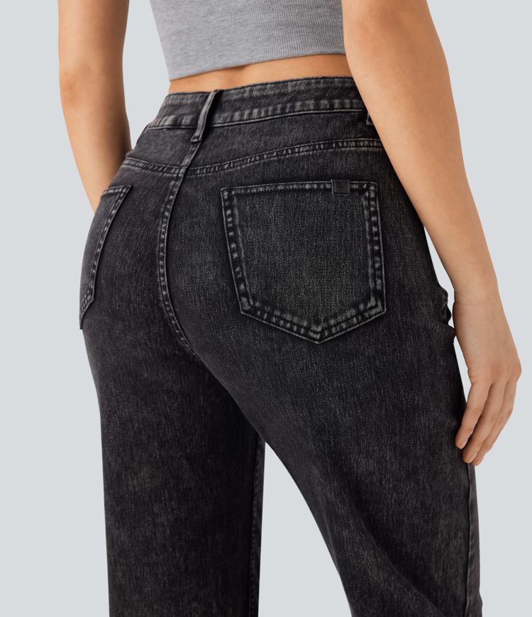 Halara Flex™ Jean droit extensible à taille haute avec bouton, fermeture éclair et poches multiples