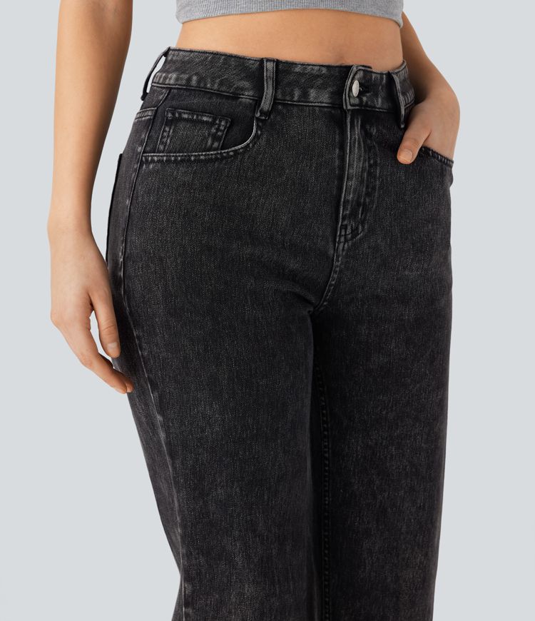 Halara Flex™ Jean droit extensible à taille haute avec bouton, fermeture éclair et poches multiples