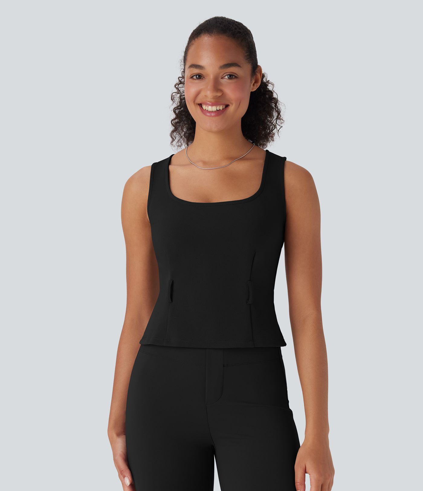 Sleeveless office t-shirt with square neck and belt