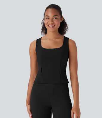 Sleeveless office t-shirt with square neck and belt