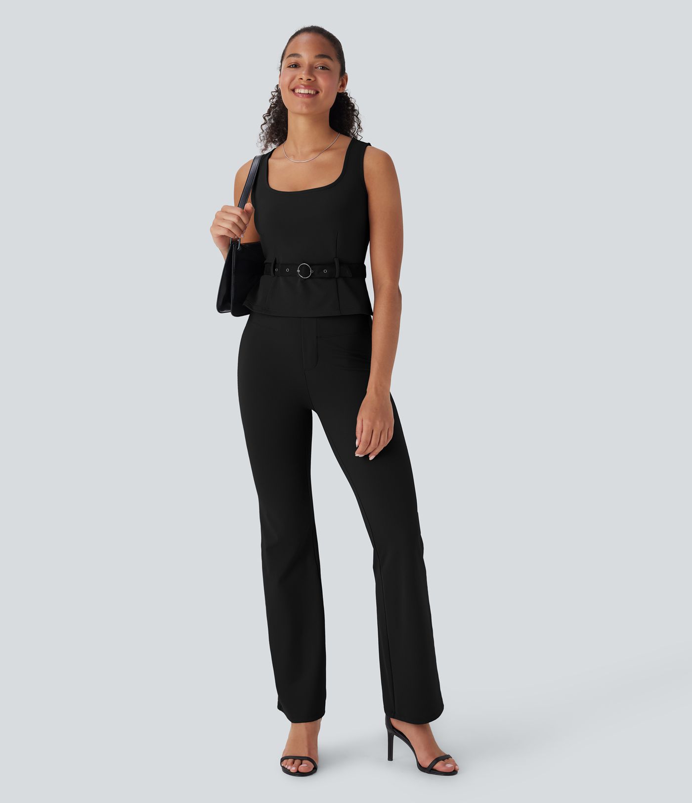 Sleeveless office t-shirt with square neck and belt