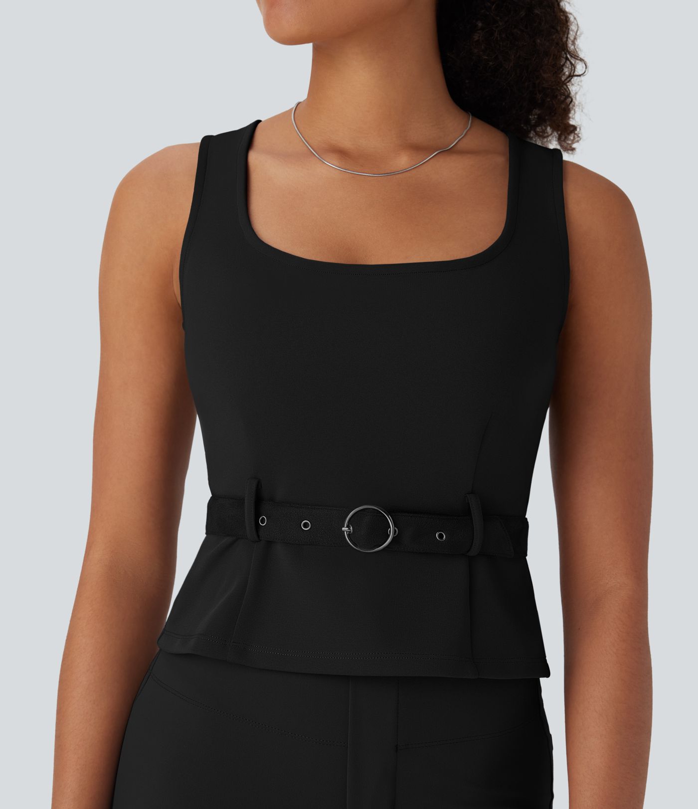 Sleeveless office t-shirt with square neck and belt