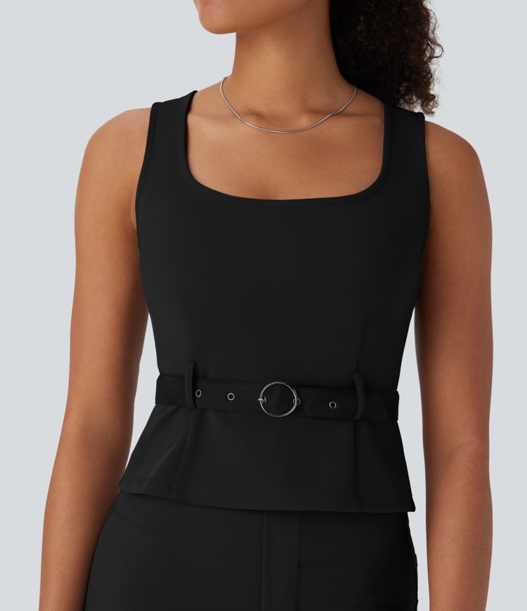 Sleeveless office t-shirt with square neck and belt