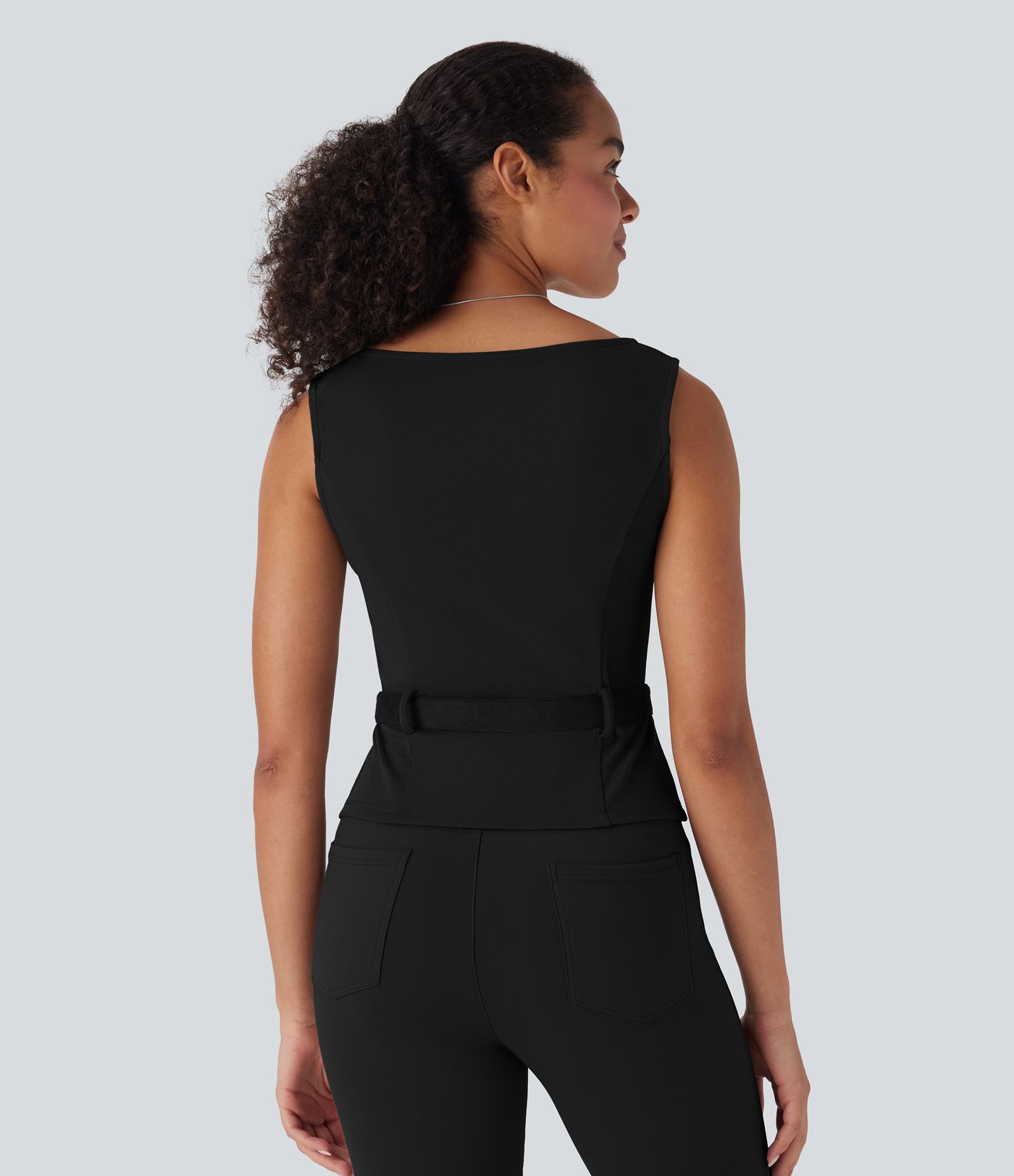 Sleeveless office t-shirt with square neck and belt