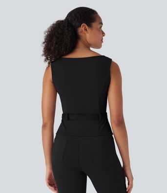 Sleeveless office t-shirt with square neck and belt