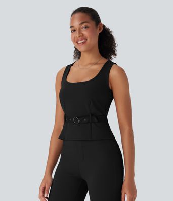 Sleeveless office t-shirt with square neck and belt