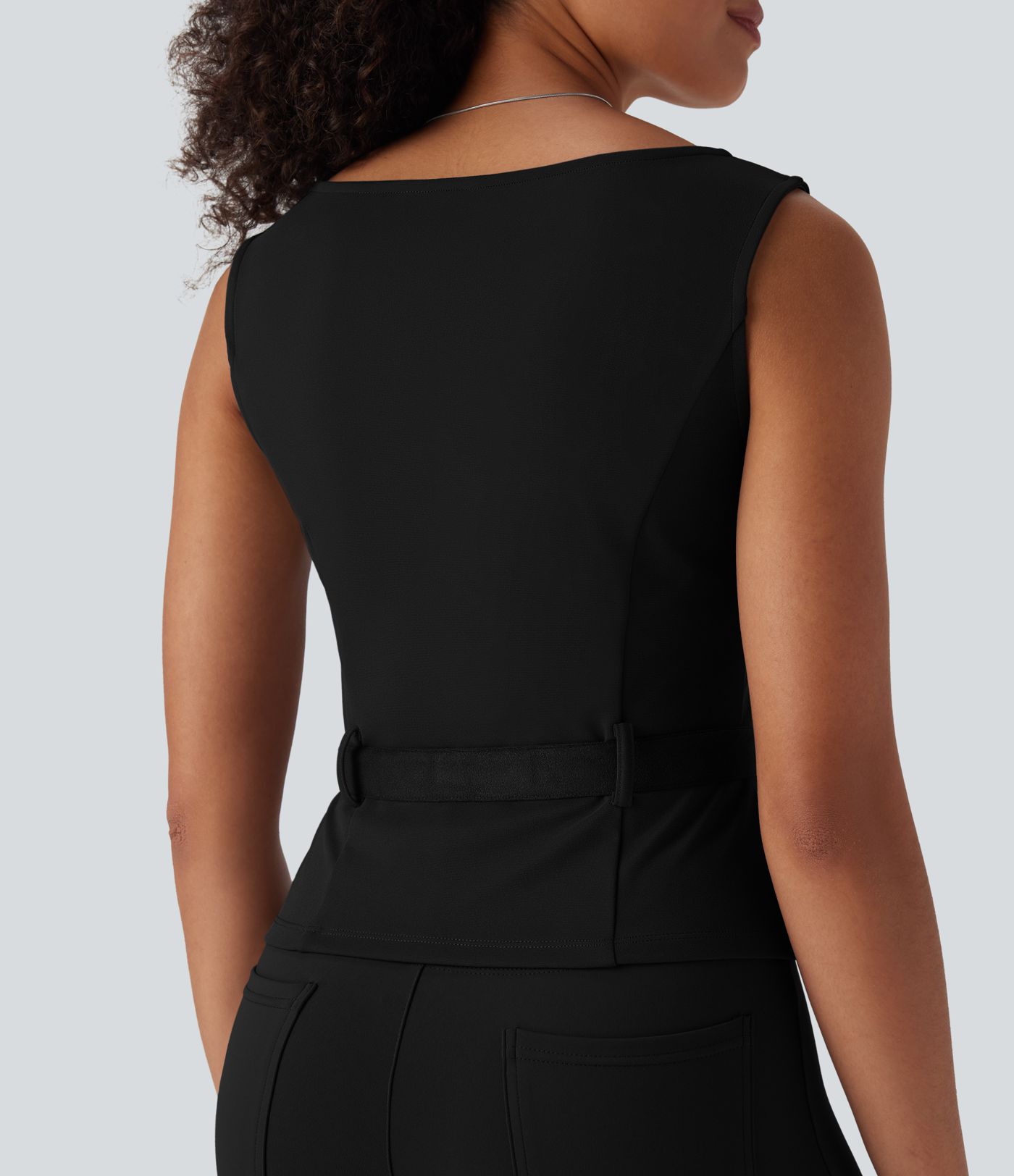 Sleeveless office t-shirt with square neck and belt