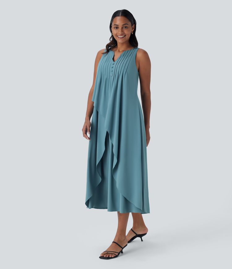 Vestido midi casual Breezeful™ fluido en capas y sin mangas de cuello en V con secado rápido