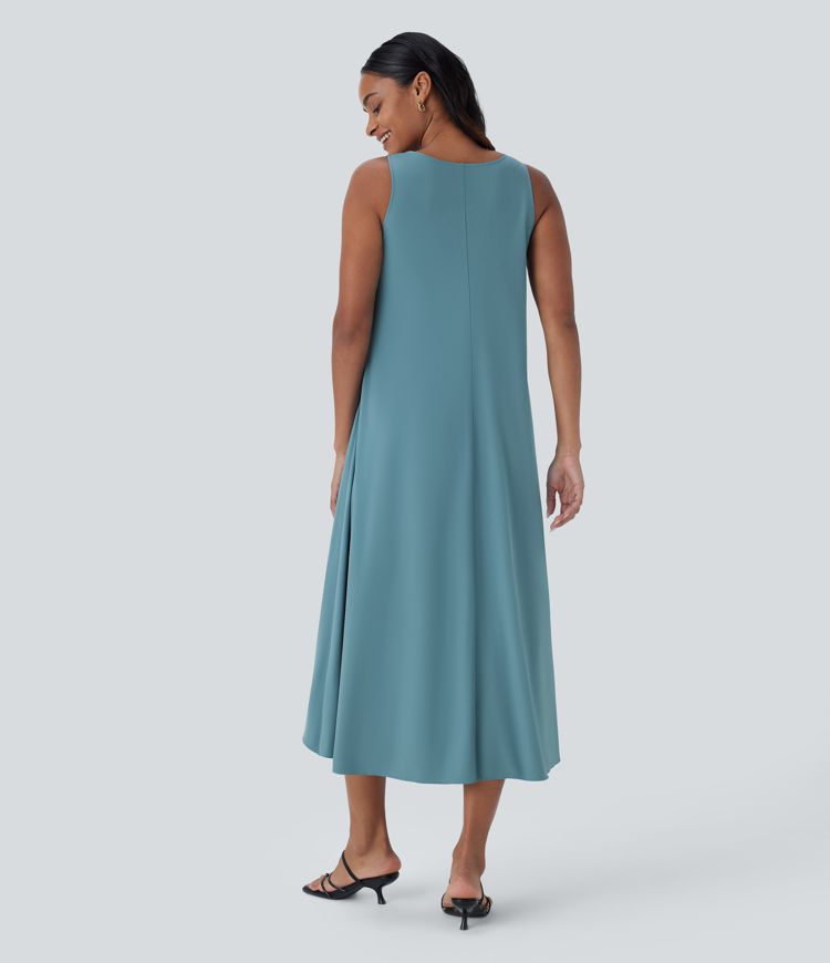 Vestido midi casual Breezeful™ fluido en capas y sin mangas de cuello en V con secado rápido