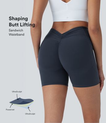 Short de yoga/cyclisme Halara UltraSculpt™ SoCinched 5'' avec poches — queue haute, gain ventre, rehaussant les fessiers et effet froncé (ruché)