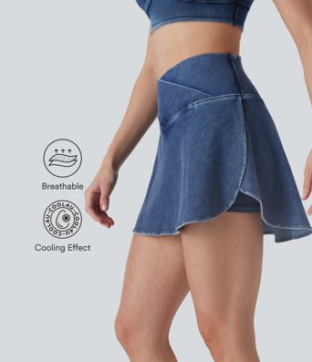Halara Flex™ High Waisted Crossover 2-in-1 Cool Touch Washed Denim Mini Casual Skirt with Pocket