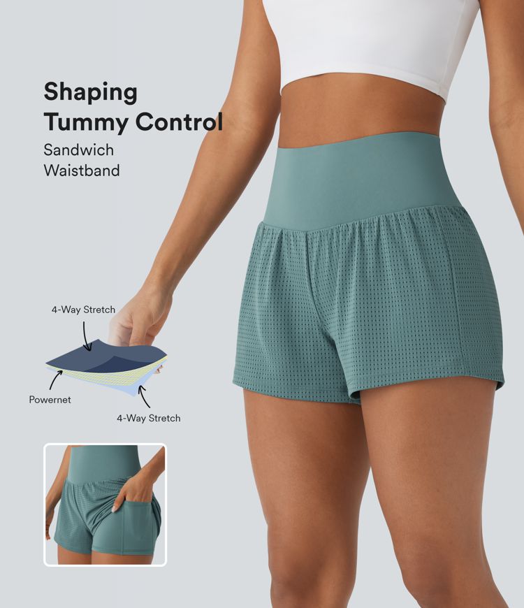 SoCinched Super High Waisted Tummy Control Perforated 2-in-1 Yoga Shorts