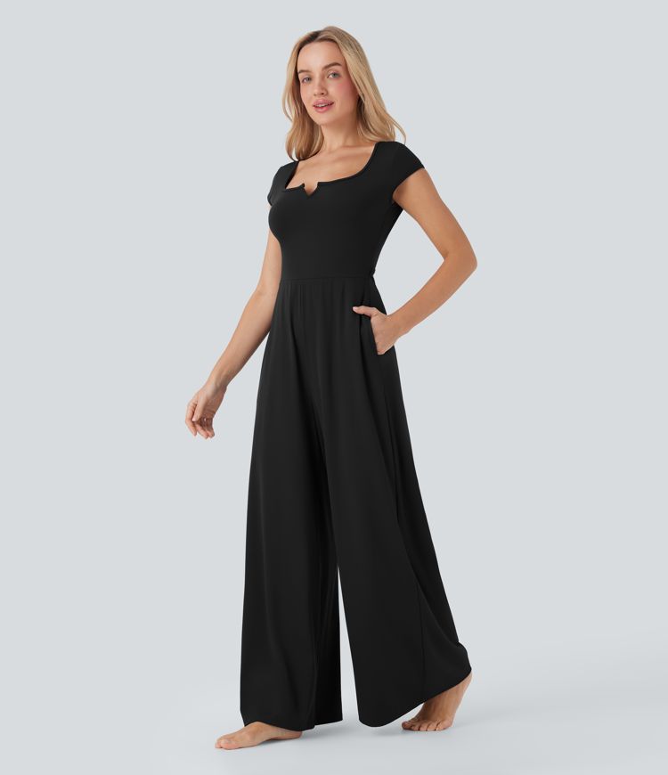Softlyzero™ Airy Yoga-Jumpsuit mit Reverskragen, kurzen Ärmeln, weitem Bein und Cool Touch mit Seitentaschen – Easy Peezy Edition