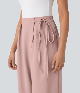 Pantalones de oficina anchos de tiro alto con cremallera invisible, lazos laterales y bolsillos