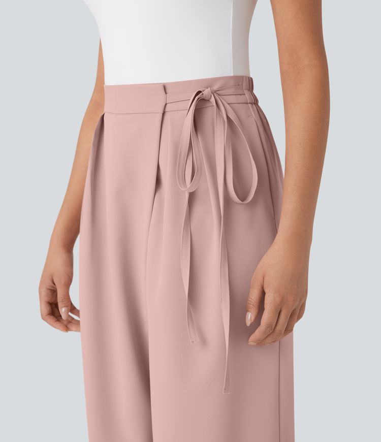 Pantalones de oficina anchos de tiro alto con cremallera invisible, lazos laterales y bolsillos