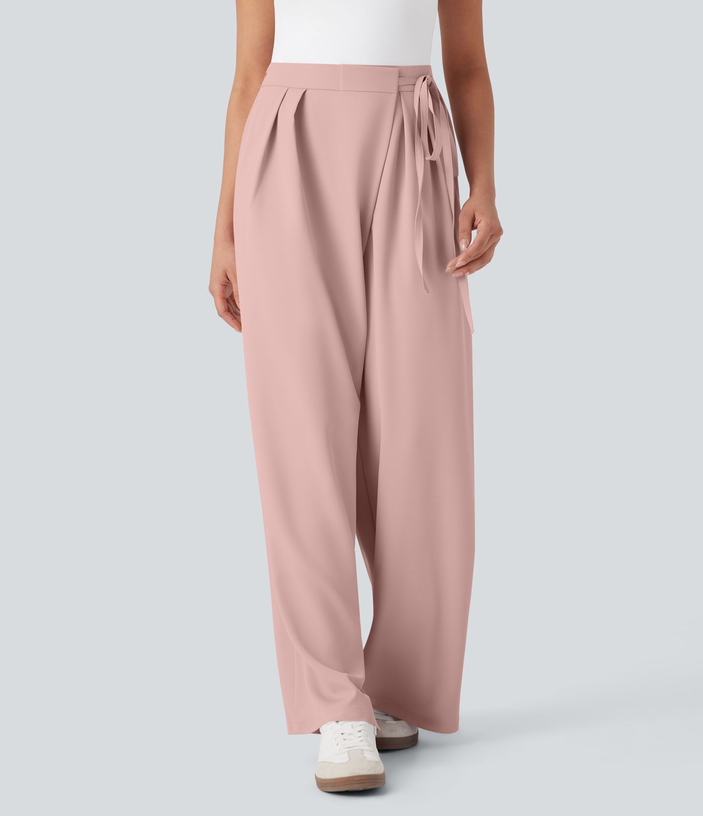 Pantalones de oficina anchos de tiro alto con cremallera invisible, lazos laterales y bolsillos