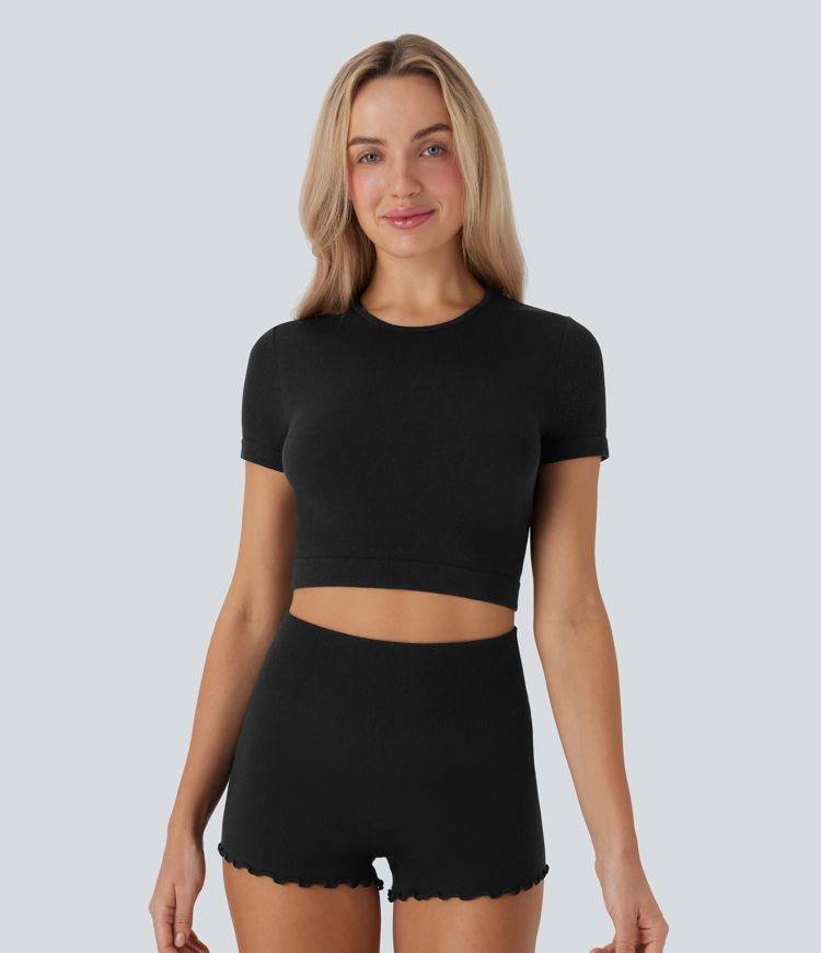OneForm Seamless Flow Round Neck Short Sleeve Cropped Lounge Top