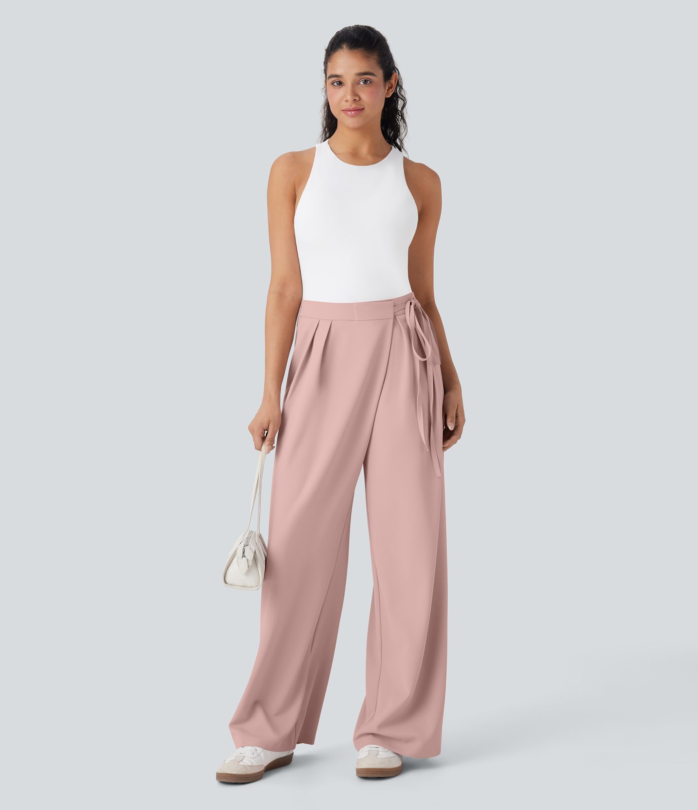 Pantalones de oficina anchos de tiro alto con cremallera invisible, lazos laterales y bolsillos