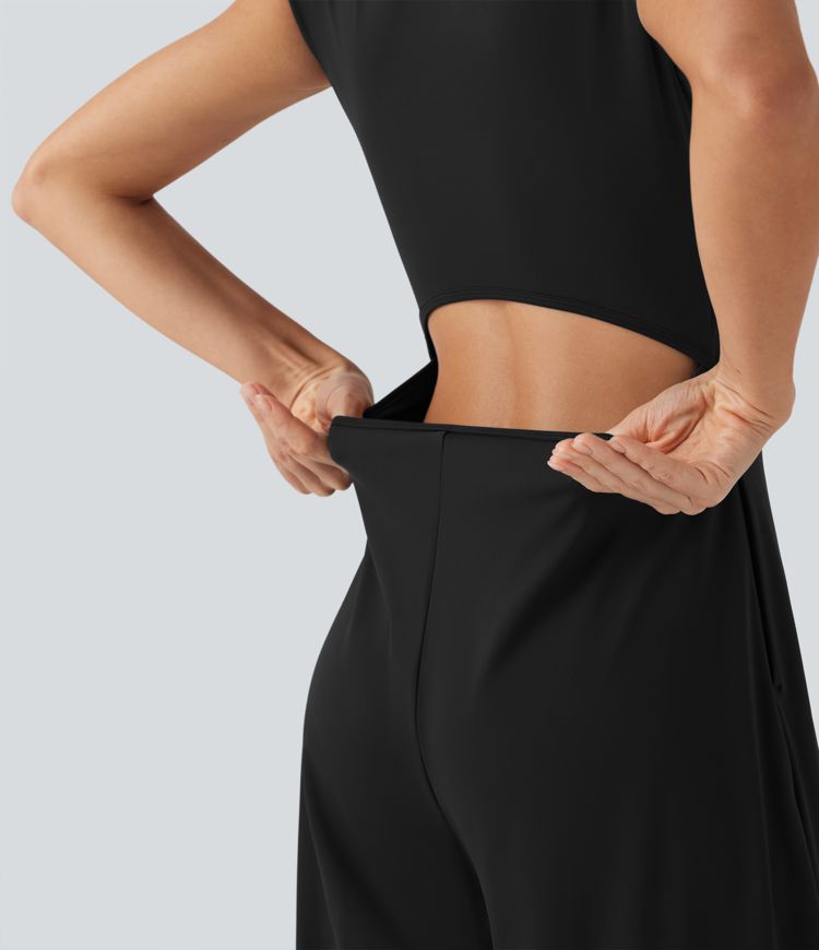 Softlyzero™ Airy Yoga-Jumpsuit mit Reverskragen, kurzen Ärmeln, weitem Bein und Cool Touch mit Seitentaschen – Easy Peezy Edition