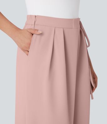 Pantalones de oficina anchos de tiro alto con cremallera invisible, lazos laterales y bolsillos