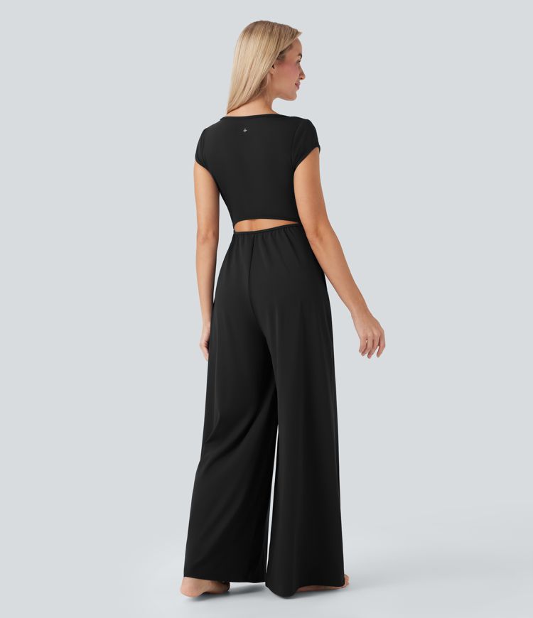 Softlyzero™ Airy Yoga-Jumpsuit mit Reverskragen, kurzen Ärmeln, weitem Bein und Cool Touch mit Seitentaschen – Easy Peezy Edition