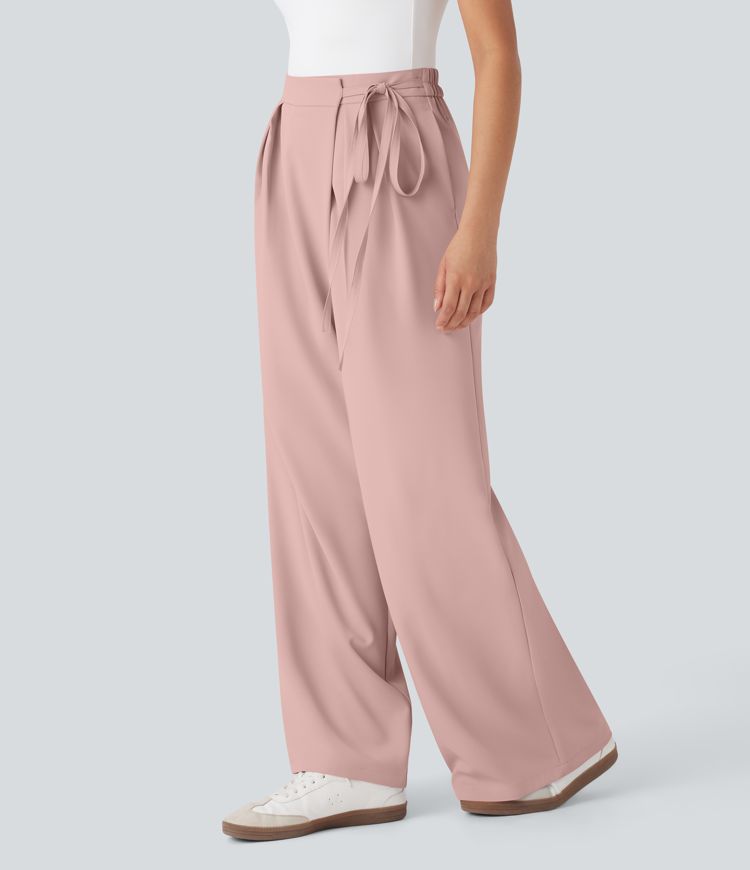 High Waisted Invisible Zipper Tie Side Wide Leg Work Pants with Pockets