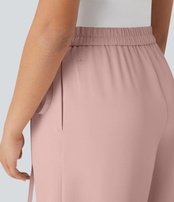 Pantalones de oficina anchos de tiro alto con cremallera invisible, lazos laterales y bolsillos