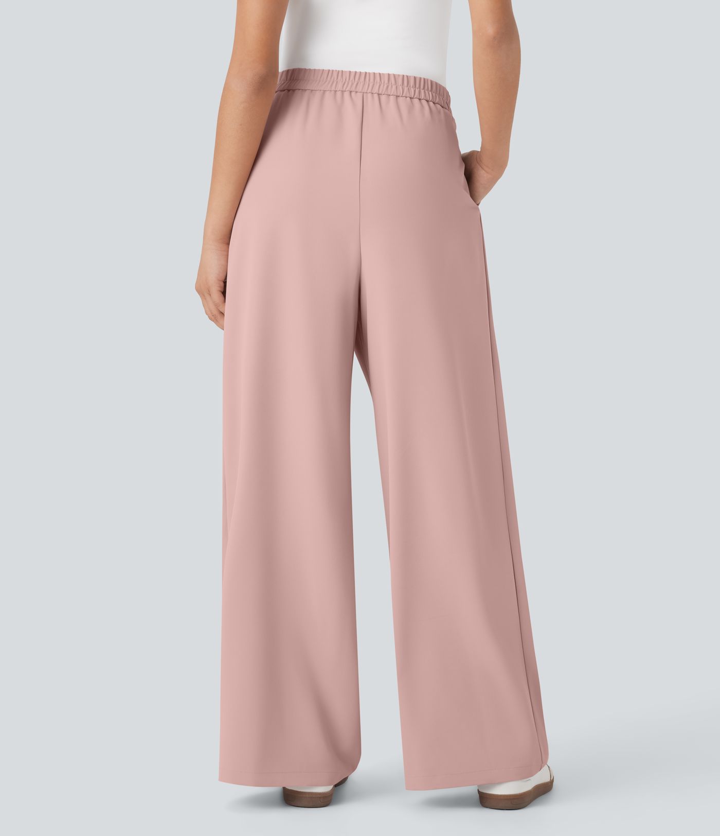 Pantalones de oficina anchos de tiro alto con cremallera invisible, lazos laterales y bolsillos