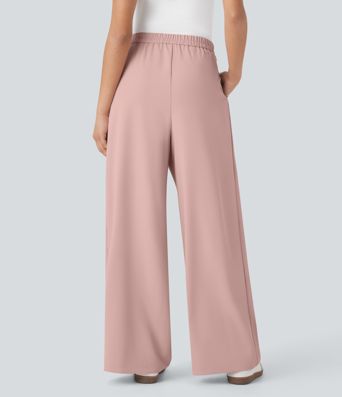 Pantalones de oficina anchos de tiro alto con cremallera invisible, lazos laterales y bolsillos