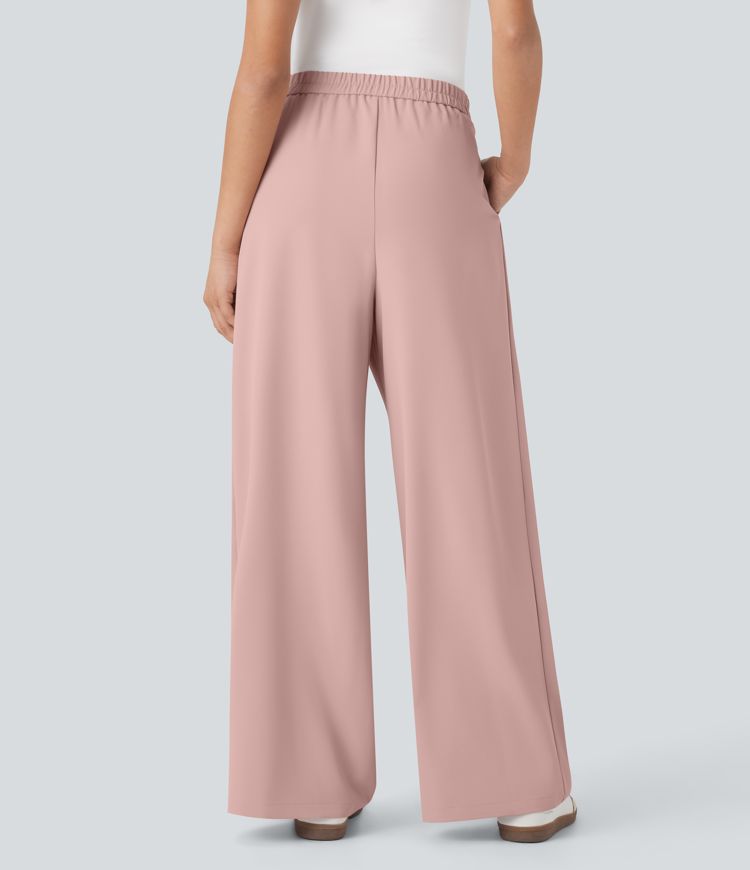 Pantalones de oficina anchos de tiro alto con cremallera invisible, lazos laterales y bolsillos