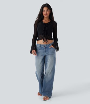 Halara Flex™ Baggy Jeans Low Rise mit Knopf und Reißverschluss, mehreren Taschen, weitem Bein