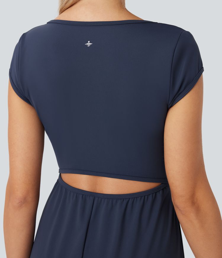 Mono de yoga ancho Softlyzero™ de manga corta con cuello entallado de tacto fresco con bolsillos laterales - Edición Easy Peezy