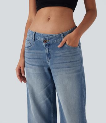 Halara Flex™ Baggy Jeans Low Rise mit Knopf und Reißverschluss, mehreren Taschen, weitem Bein