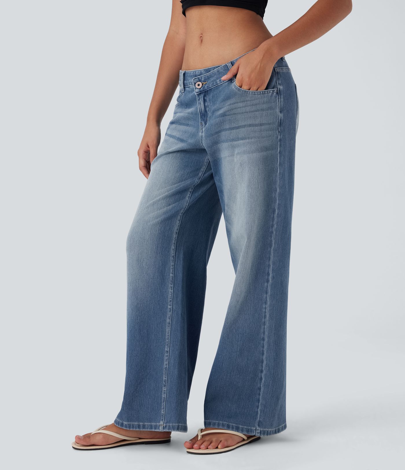 Halara Flex™ Baggy Jeans Low Rise mit Knopf und Reißverschluss, mehreren Taschen, weitem Bein