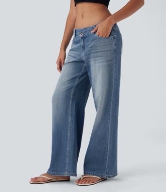 Halara Flex™ Baggy Jeans Low Rise mit Knopf und Reißverschluss, mehreren Taschen, weitem Bein