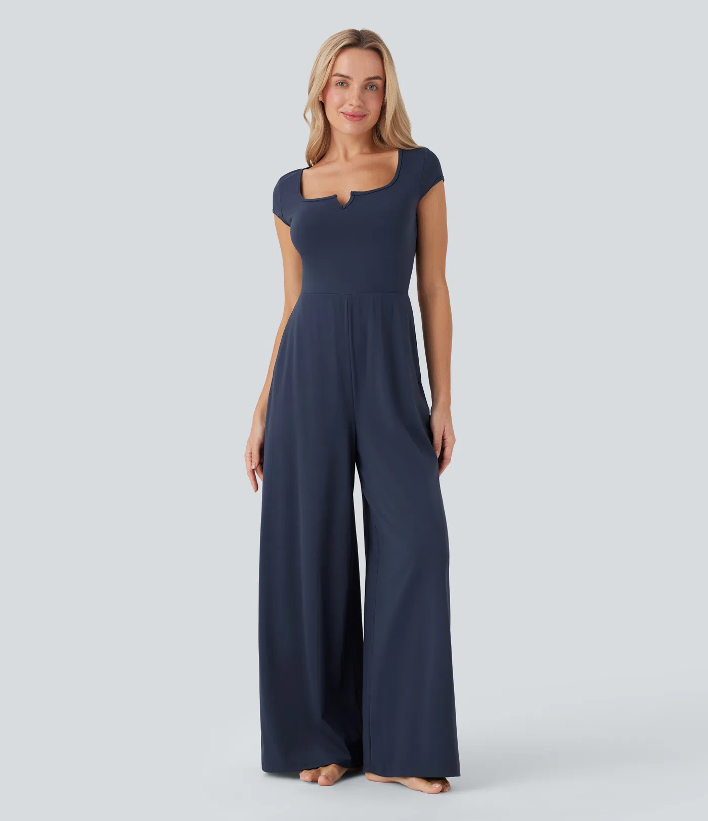 Softlyzero™ Airy Notched Collar Short Sleeve Wide Leg Cool Touch Yoga Jumpsuit with Side Pockets-Easy Peezy Edition