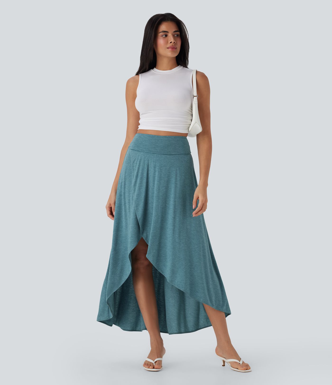 High Waisted Tummy Control High Low 2-in-1 Flowy Maxi Casual Skirt