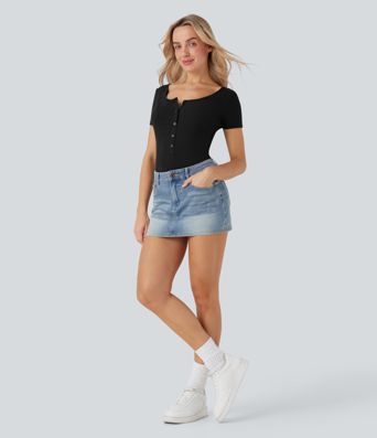 Henley Neck Short Sleeve Casual Playsuit