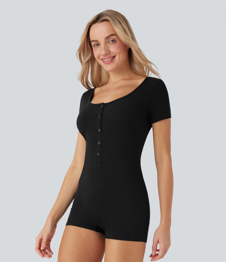 Henley Neck Short Sleeve Casual Playsuit