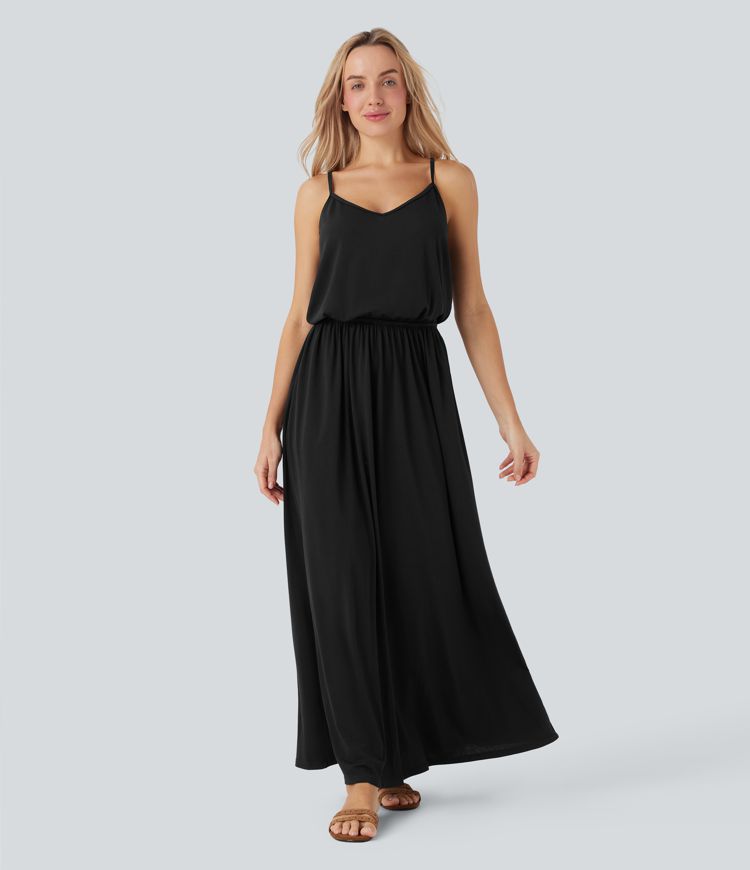 Adjustable Strap Maxi Flowy Resort Slip Dress with Pockets