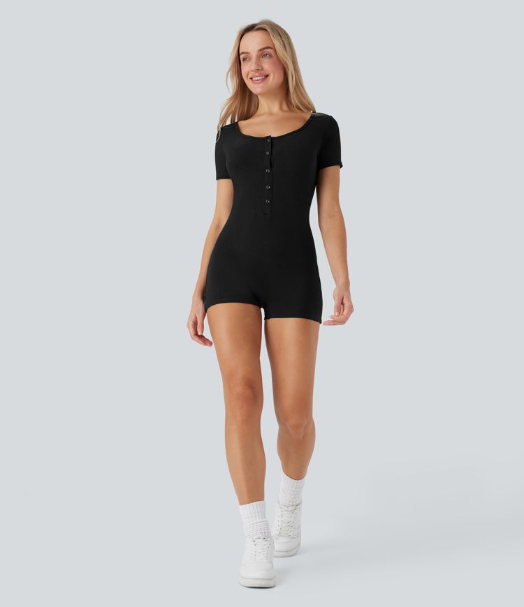 Henley Neck Short Sleeve Casual Playsuit