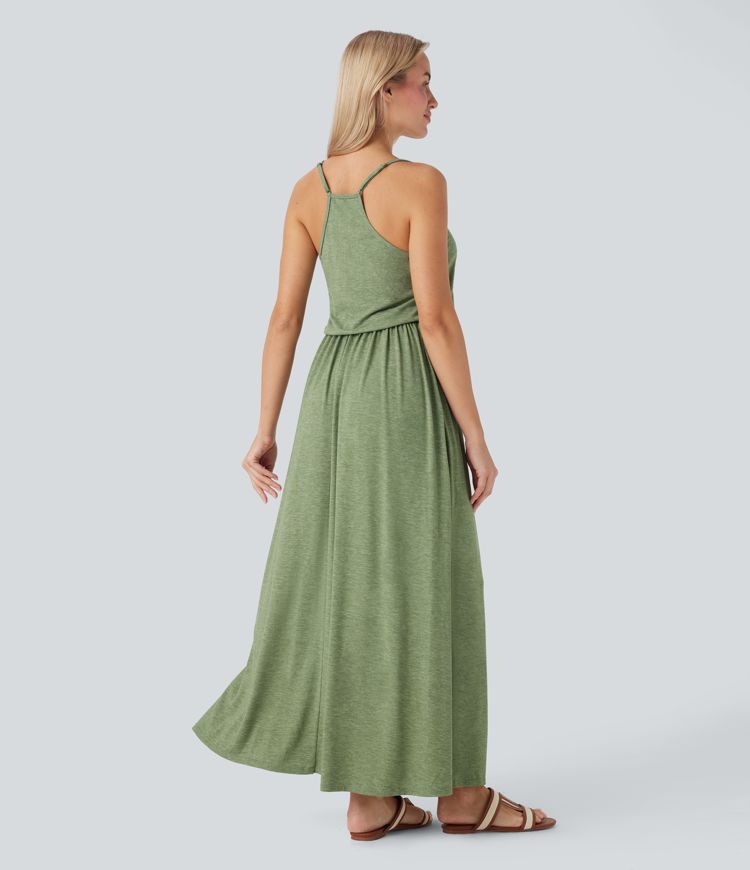 Adjustable Strap Maxi Flowy Resort Slip Dress with Pockets
