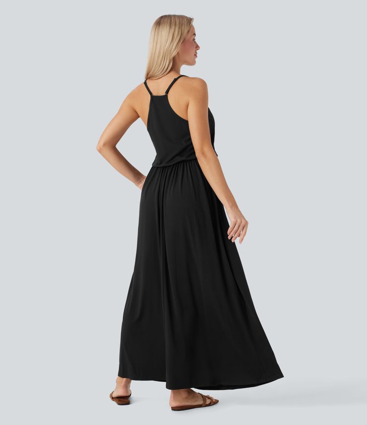 Adjustable Strap Maxi Flowy Resort Slip Dress with Pockets