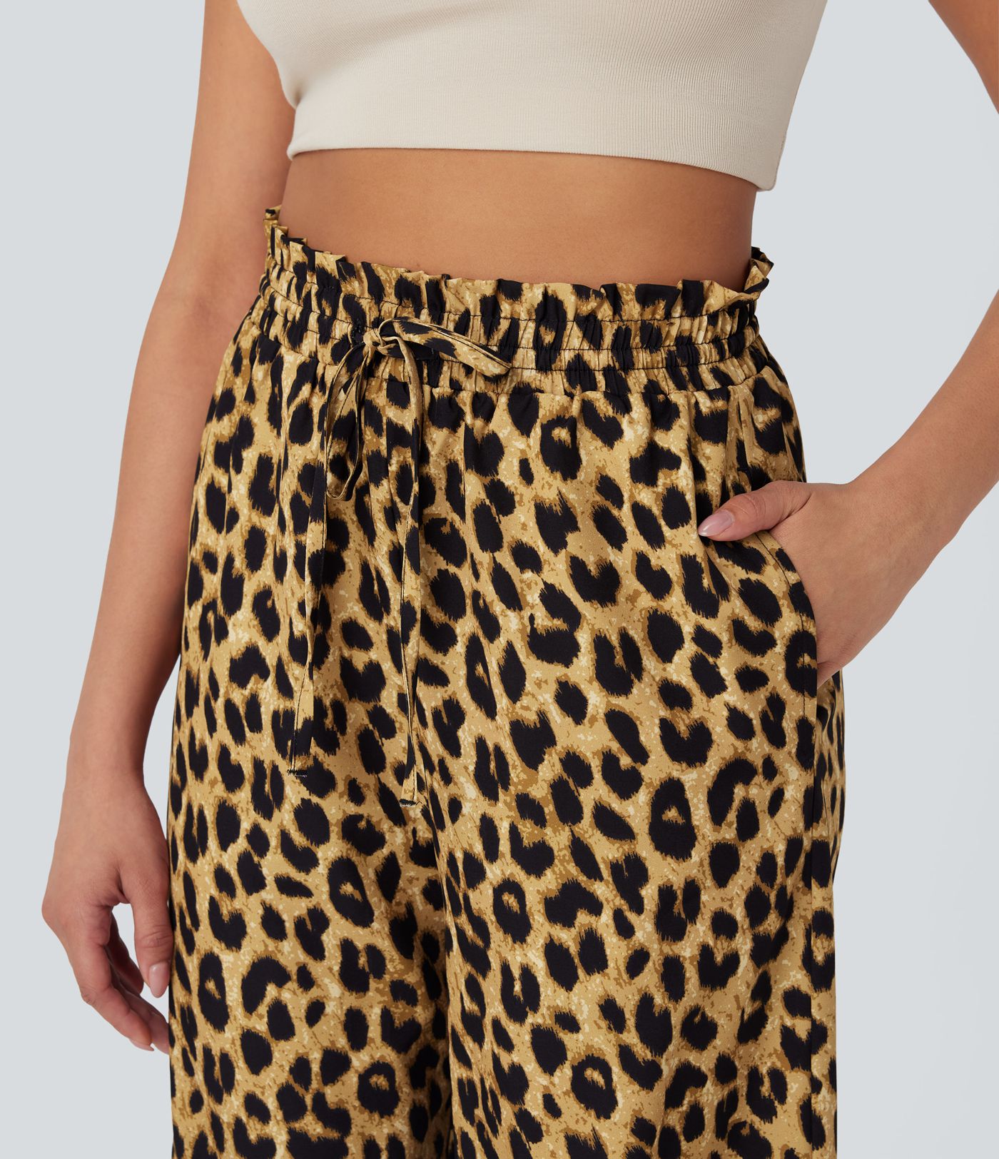 High Waisted Drawstring Pocket Leopard Print Wide Leg Casual Pants